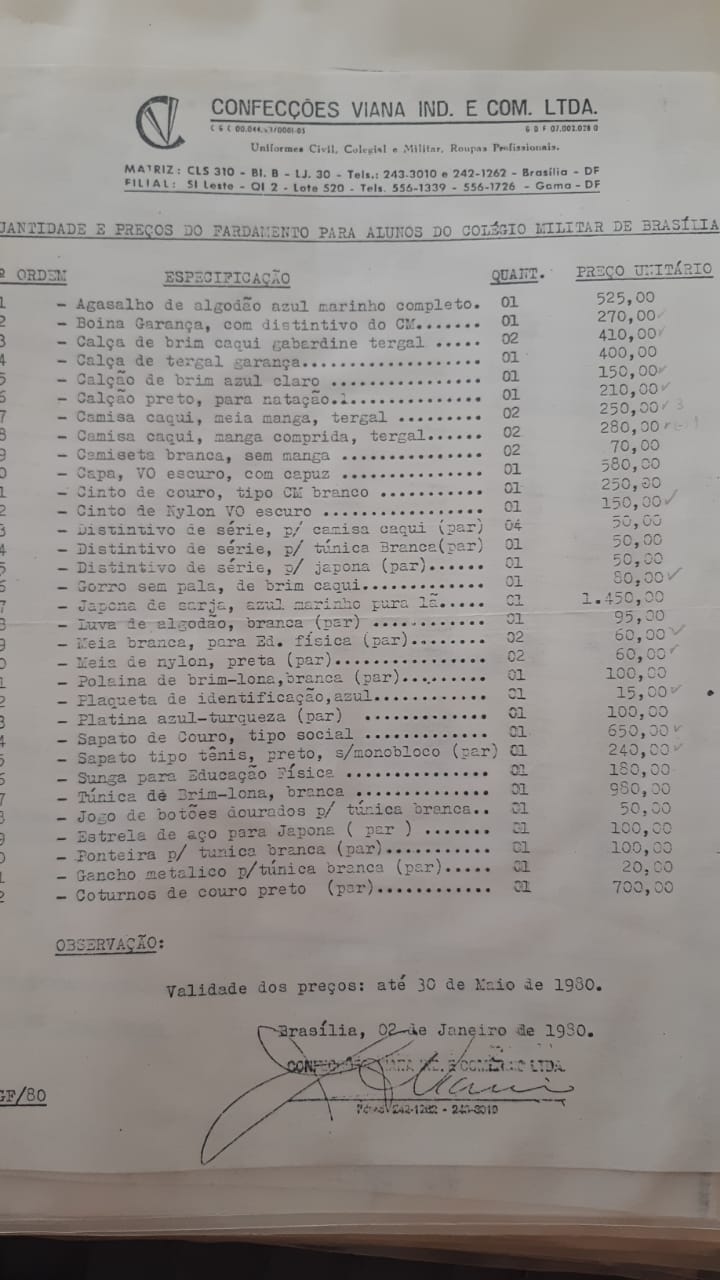Lista de uniforme a ser adquirido