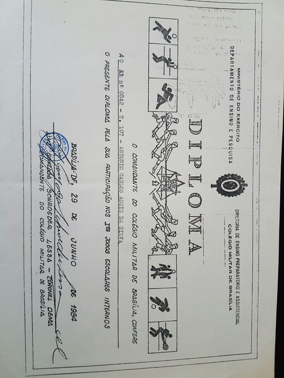 Diploma concedido ao AL 0842 - Assis pela participação nos Primeiros Jogos Internos do CMB