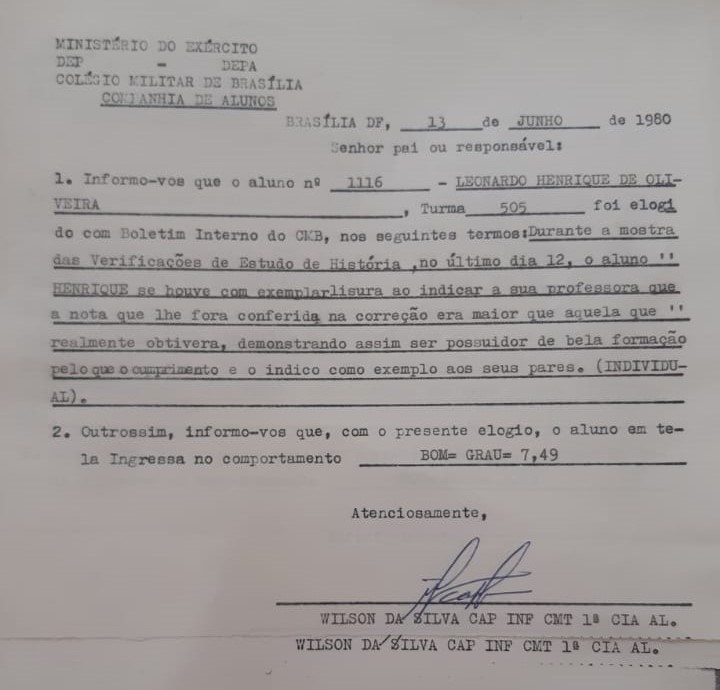 Elogio recebido pelo AL 1116 - Henrique, turma 505, em 1980